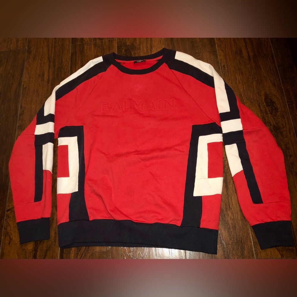 Balmain executive Red/Navy Blue & White Raised Letters sweater. Mint. Size XL